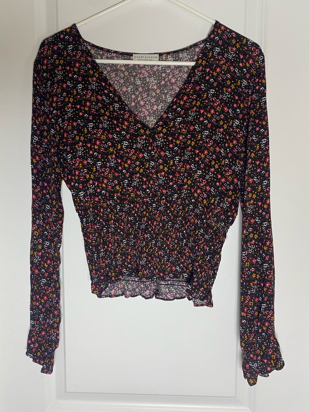 Crane Floral Smocked V-Neck Long Sleeve Blouse Black Size Small
